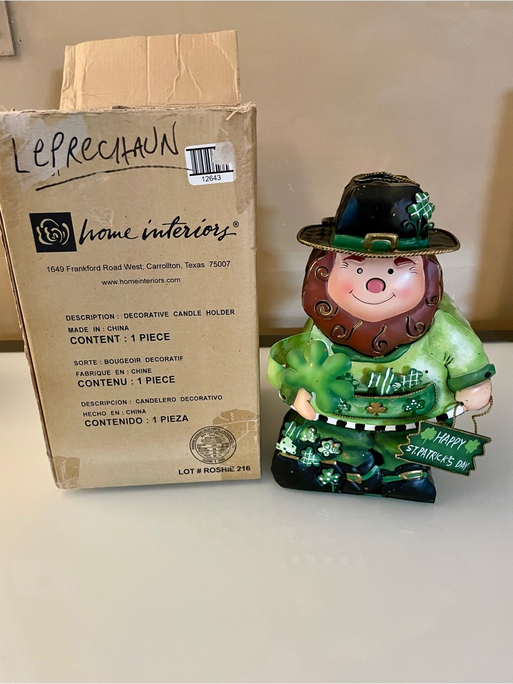 Home Interiors Green and Black Leprechaun Decorative Candle Holder Figurine